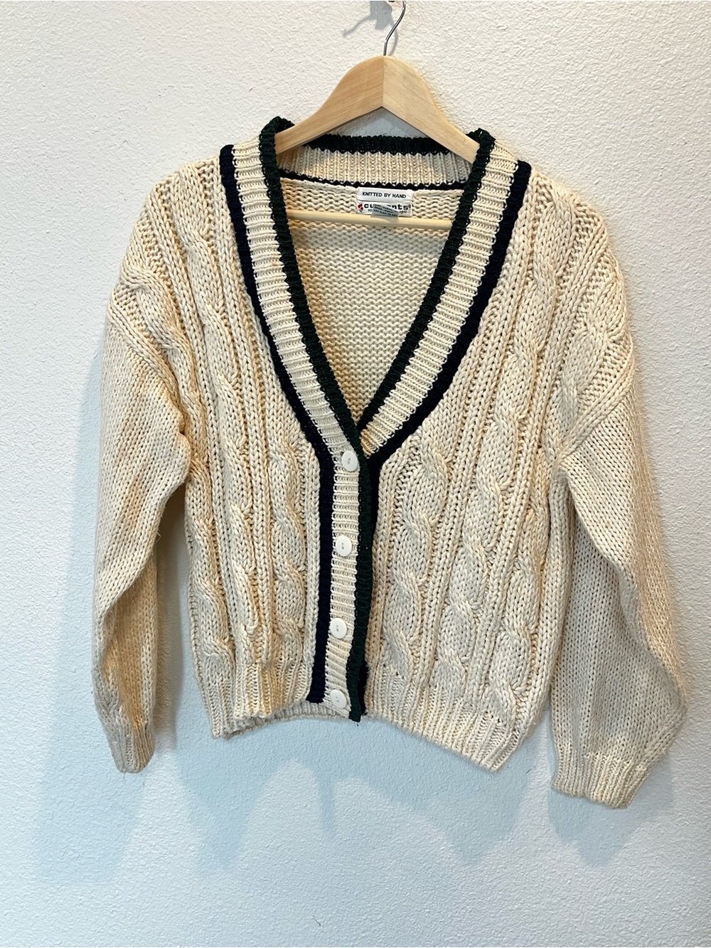Hand-Knit Cable V-Neck Cardigan Sweater - Cream with Black Trim hand‎ knit